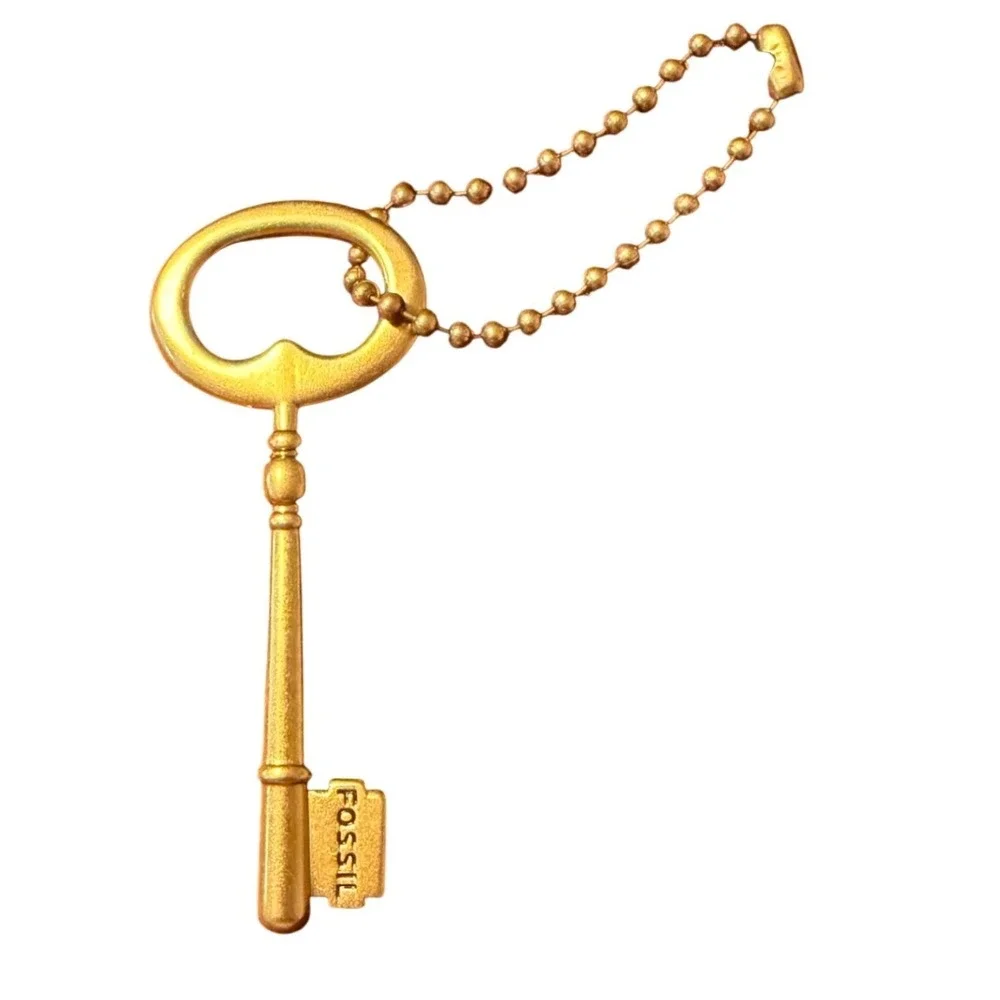 Fossil Brass Skeleton Key Bag Charm Gold Tone Metal Keychain Replacement Fob